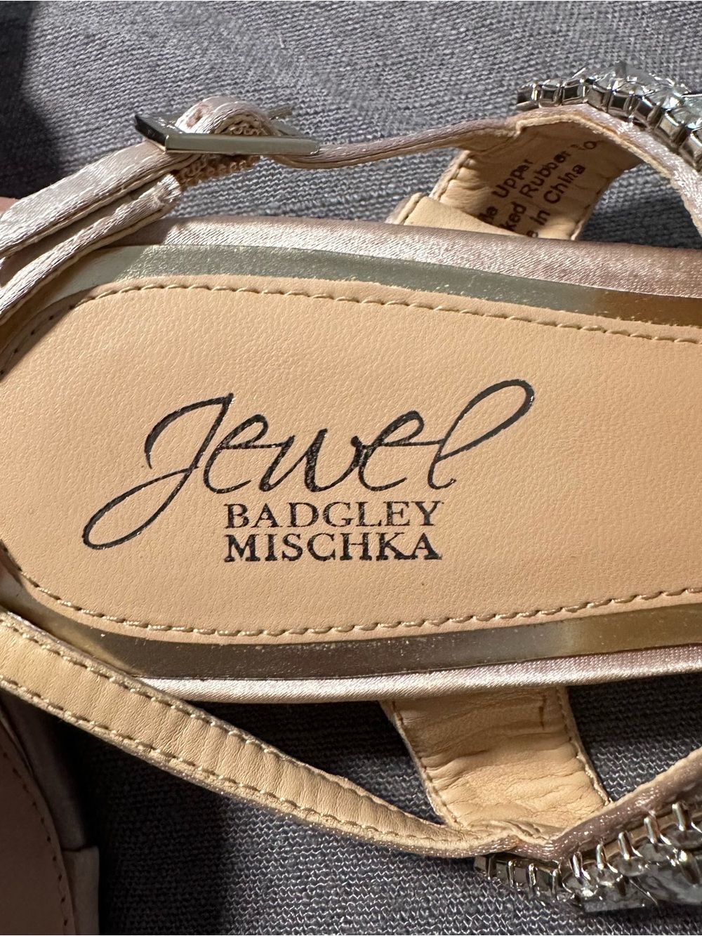 Badgley Mischka Champagne Satin Jewel Embellished T-Strap Sandals